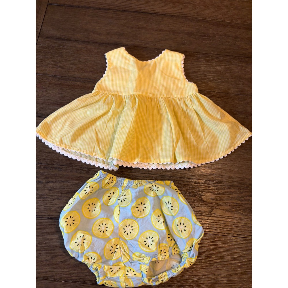 Southern James & Lottie Bloomer Set Kids 12M Lemon Gingham Ric Rac Yellow Blue